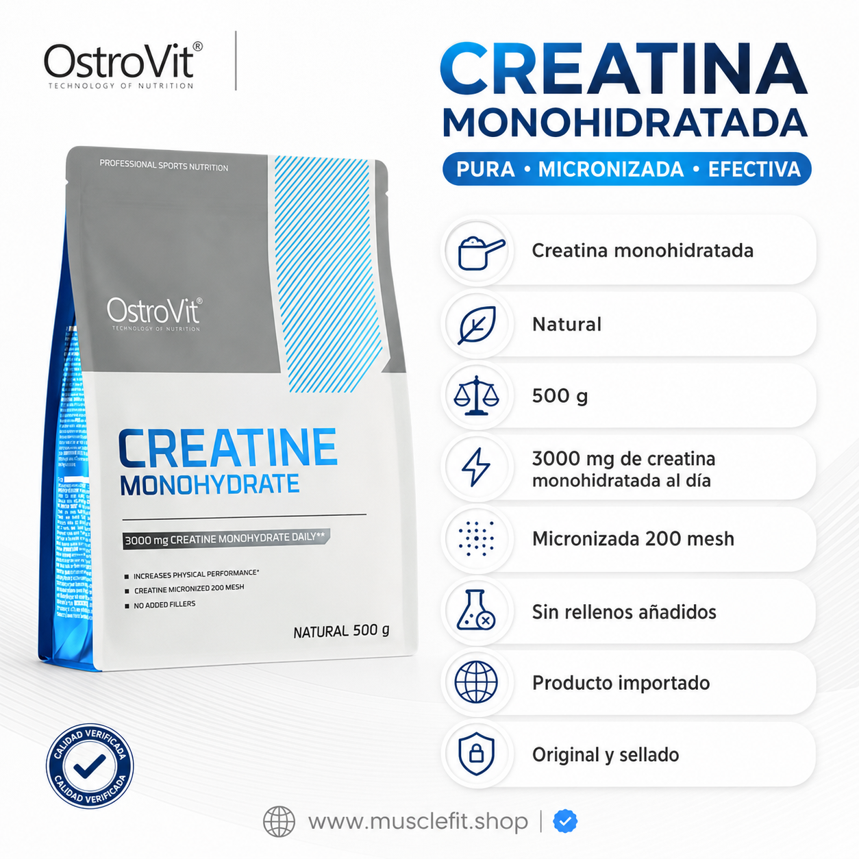 Creatina Monohidratada Ostrovit  100serv - 500g ⚡