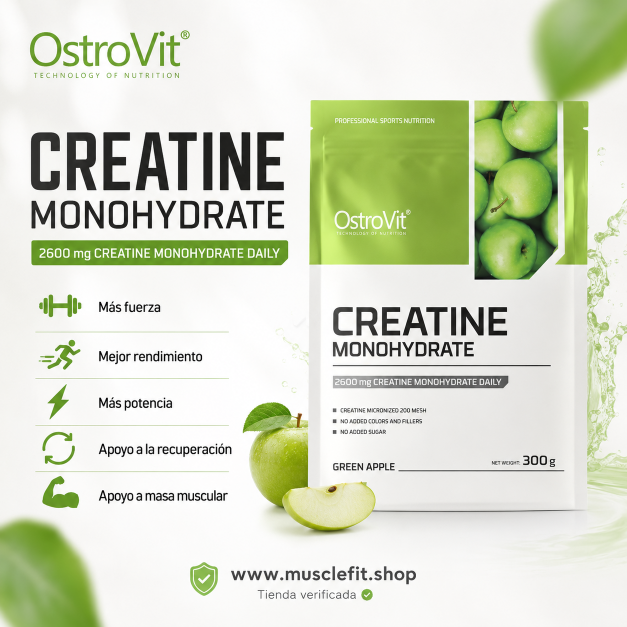 Creatina Monohidrata con Sabor manzana 🍏  60serv - 300gr