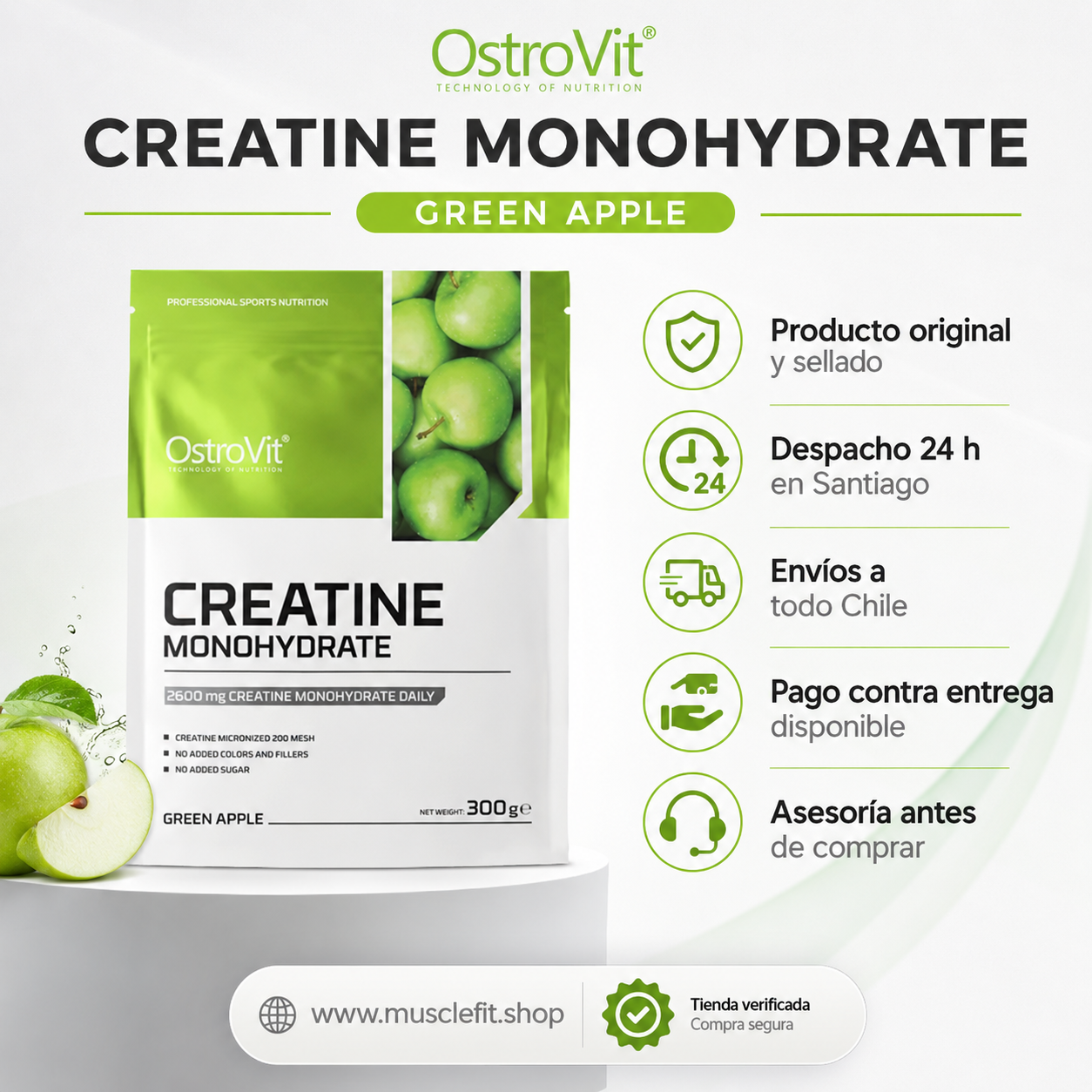 Creatina Monohidrata con Sabor manzana 🍏  60serv - 300gr