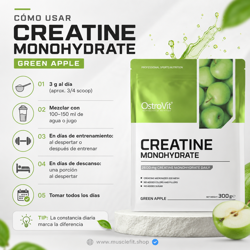 Creatina Monohidrata con Sabor manzana 🍏  60serv - 300gr