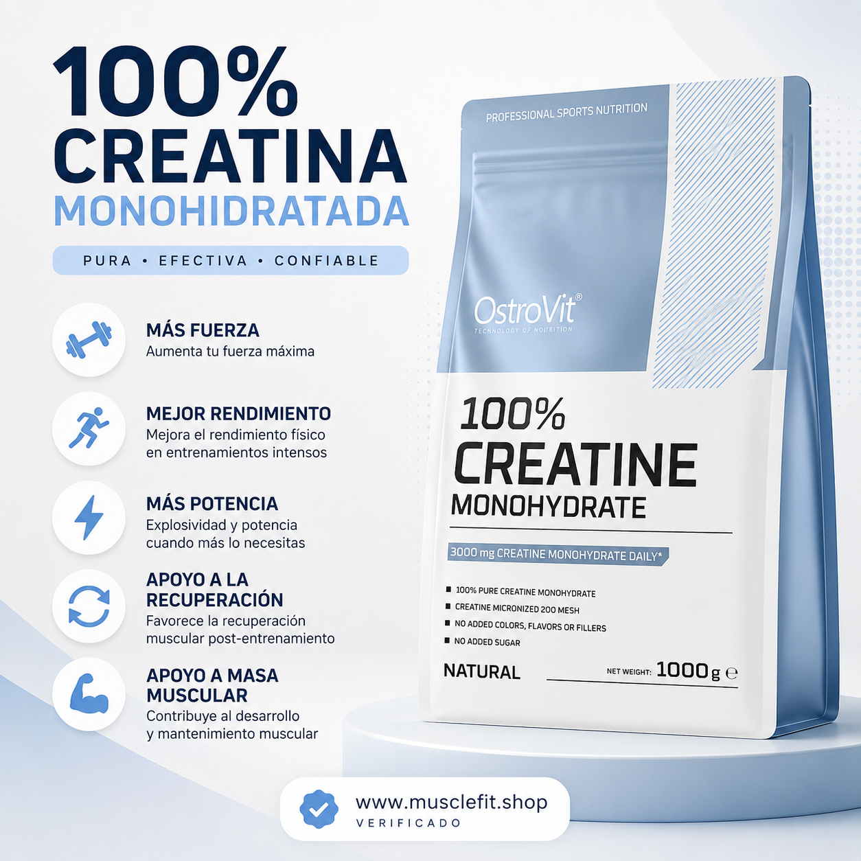 Creatina Monohidratada 200serv - 1 Kg sin sabor ⚡