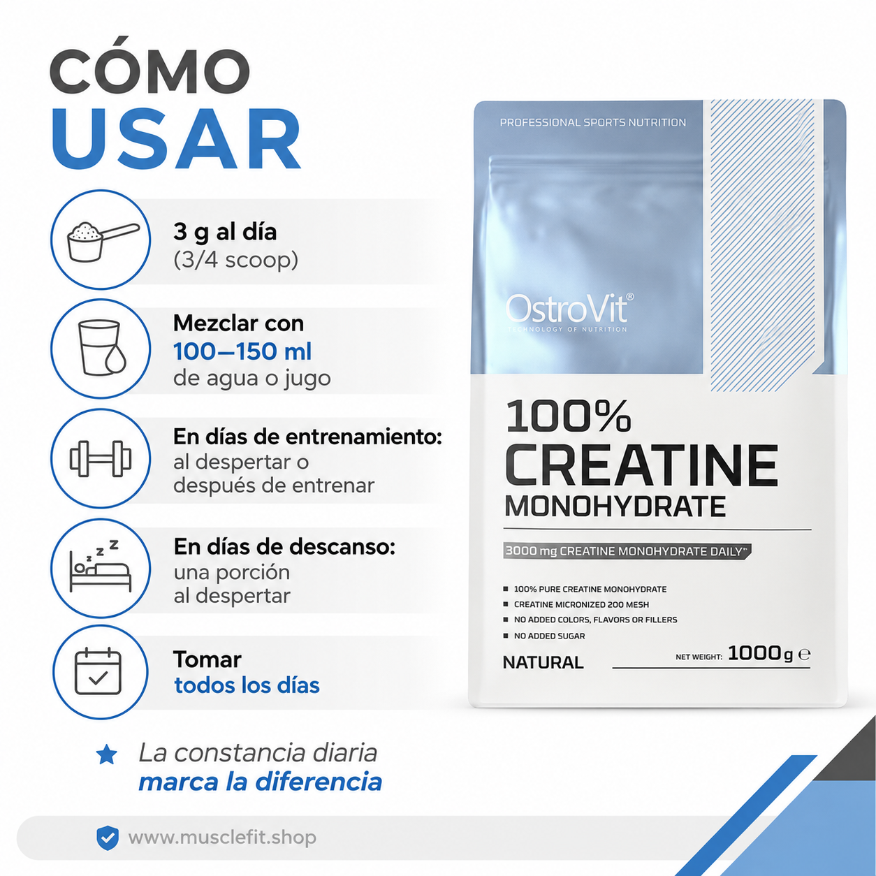 Creatina Monohidratada 200serv - 1 Kg sin sabor ⚡