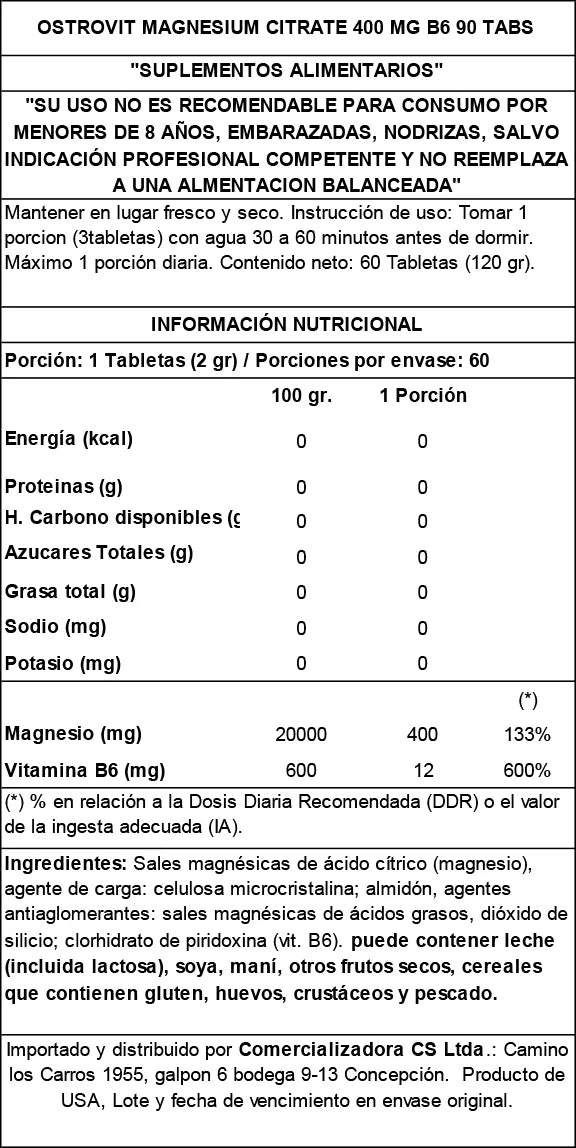 Citrato de magnesio Ostrovit 400mg + B6