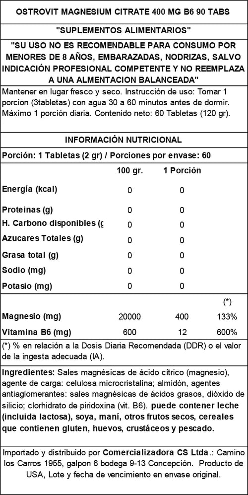 Citrato de magnesio Ostrovit 400mg + B6